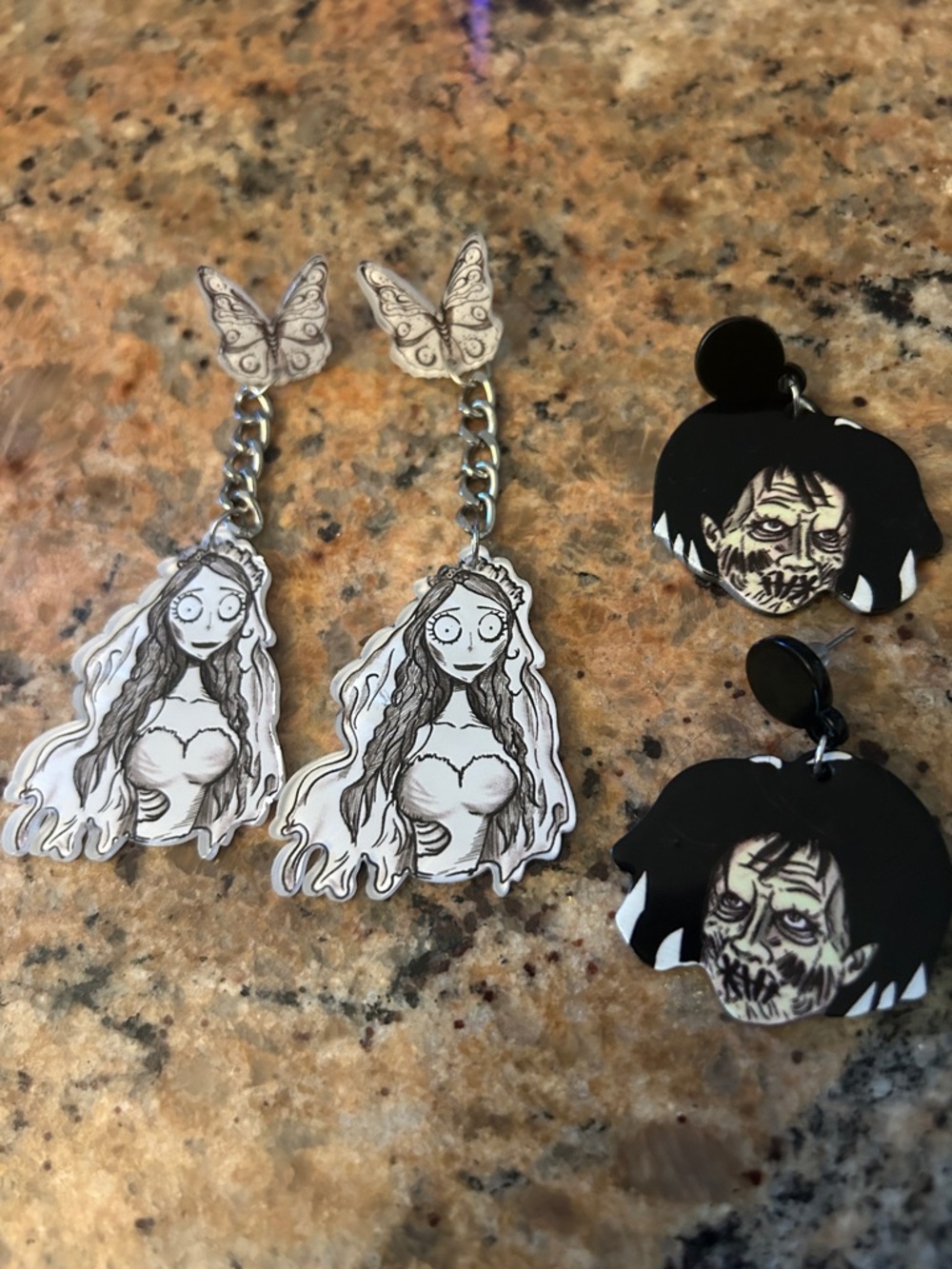 Plastic corpse bride and Billy Black & White Character Earrings - Set of 2 Pairs
